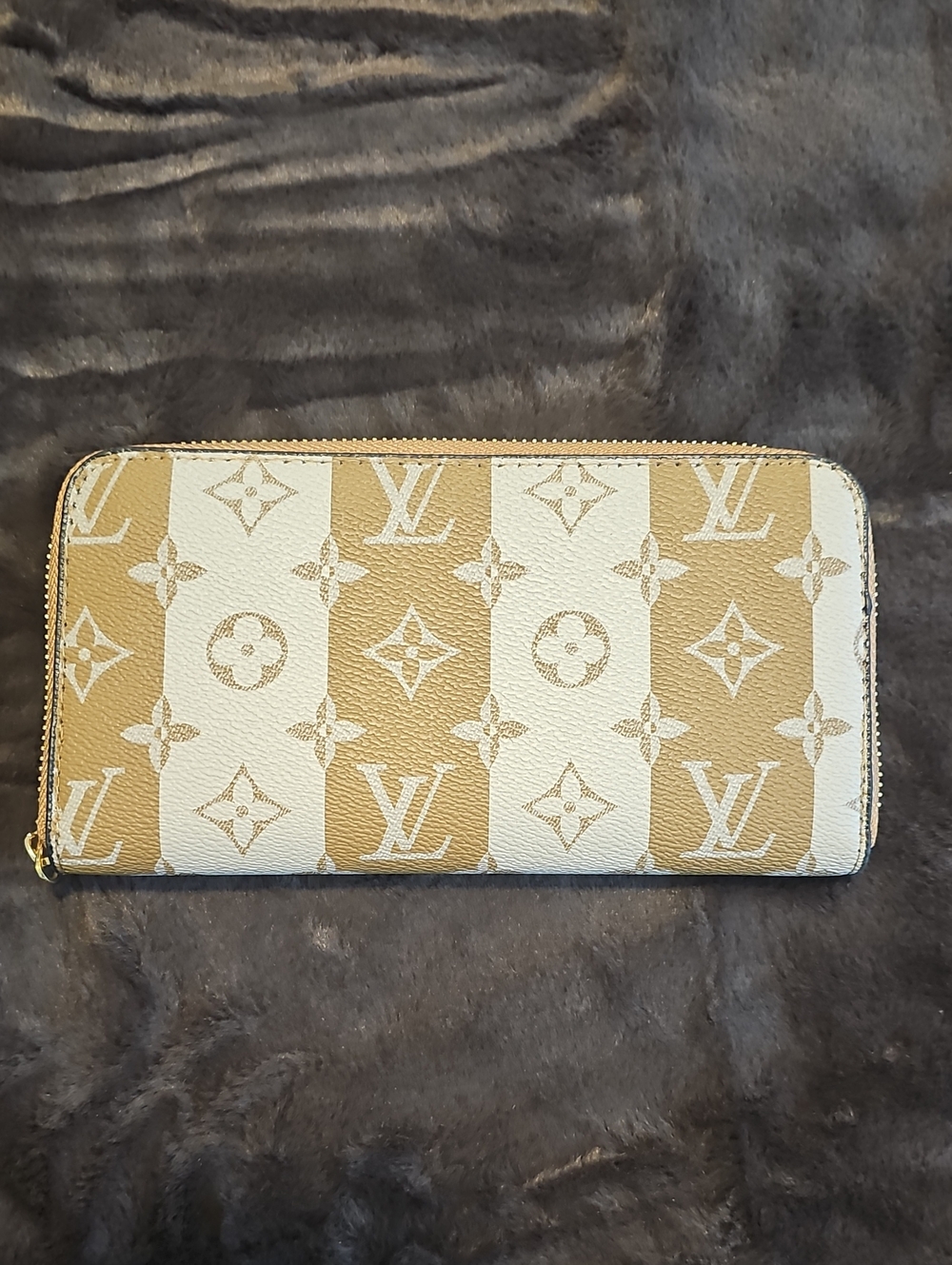 Inspired Designer Striped Monogram Zip Wallet in Beige and White